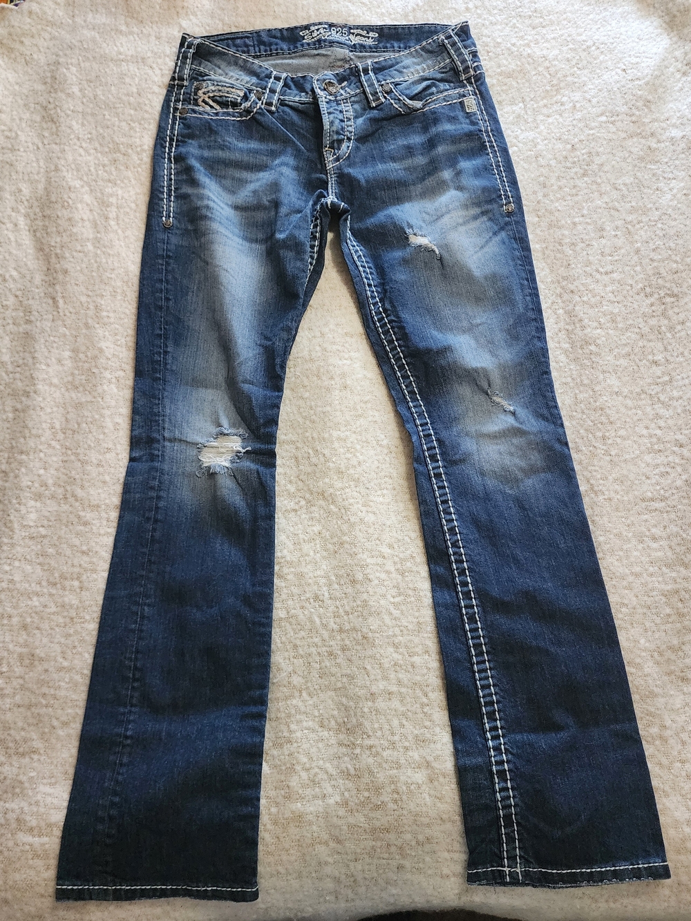 Silver Jeans Women’s Blue Medium Wash Mid Rise Bootcut Slim Distressed 29/32